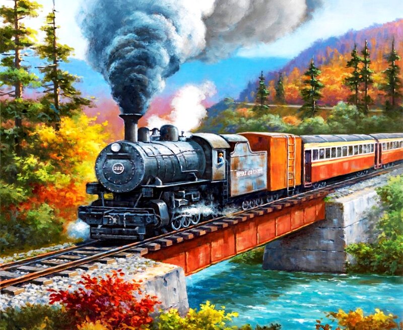 Steam Train on Bridge — Blue, Dramatic, Autumn
