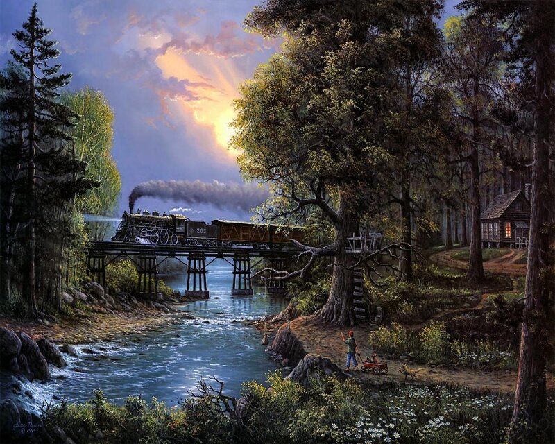 Steam Train on Bridge — Blue, Dramatic, Sunset