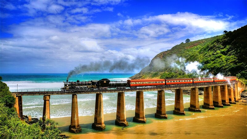 Steam Train on Bridge — Blue, Dramatic