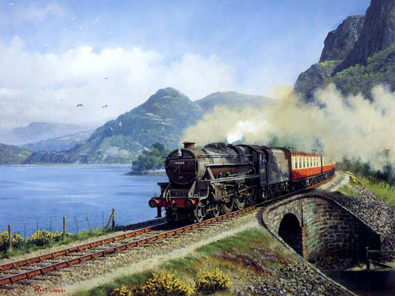 Steam Train on Bridge — Blue, Serene, Afternoon, Painting