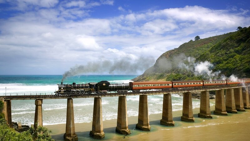 Steam Train on Bridge — Blue, Serene, Afternoon, Photograph