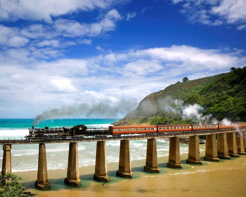 Steam Train on Bridge — Blue