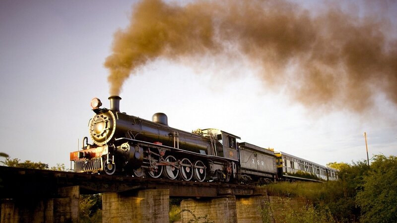 Steam Train on Bridge — Brown, Dramatic