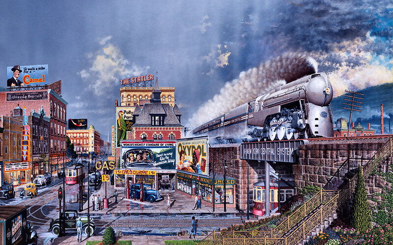 Steam Train on Bridge — Gray, Dramatic, Afternoon