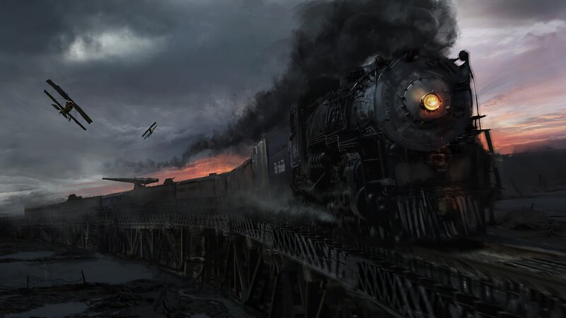 Steam Train on Bridge — Gray, Dramatic, Sunset