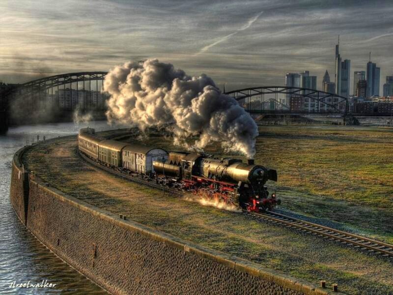 Steam Train on Bridge — Gray, Dramatic