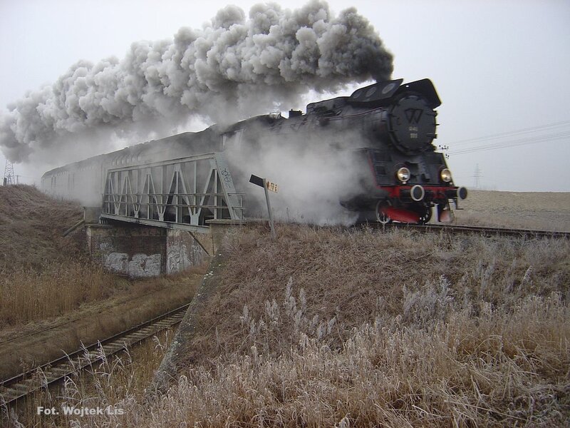Steam Train on Bridge — Gray, Dramatic, Winter