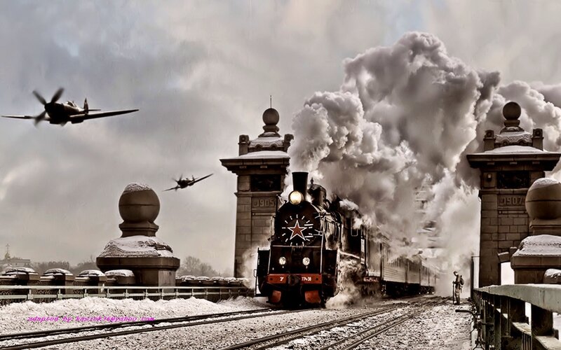 Steam Train on Bridge — Gray