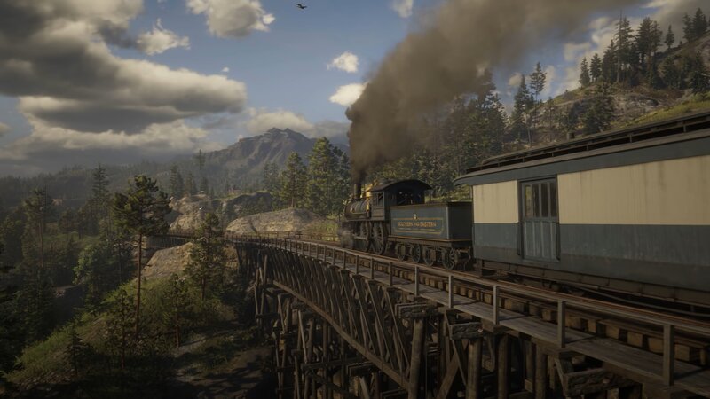 Steam Train on Bridge — Green, Dramatic, Afternoon, 3d Render