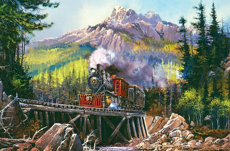 Steam Train on Bridge — Green, Dramatic, Afternoon, Painting, Mountain