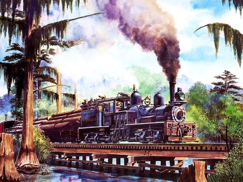 Steam Train on Bridge — Green, Dramatic, Afternoon, Painting