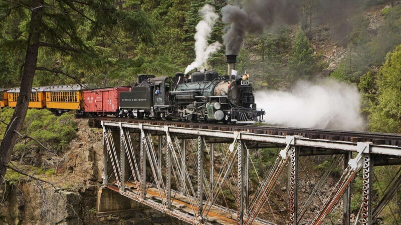 Steam Train on Bridge — Green, Dramatic, Afternoon, Photograph, Forest, Smoke