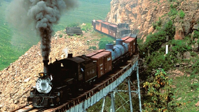 Steam Train on Bridge — Green, Dramatic, Afternoon
