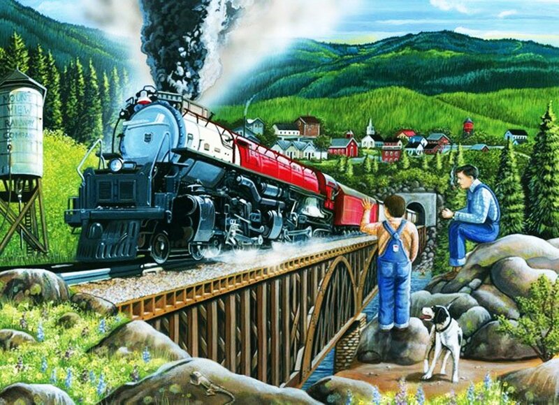 Steam Train on Bridge — Green, Peaceful, Afternoon