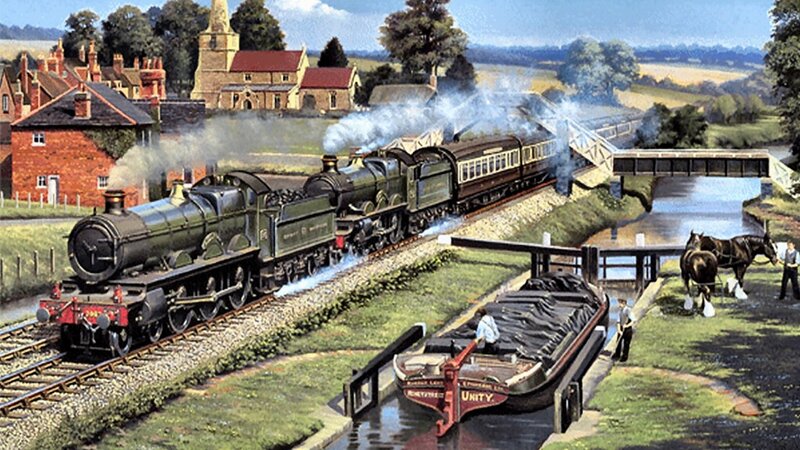 Steam Train on Bridge — Green, Peaceful