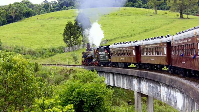 Steam Train on Bridge — Green, Serene, Afternoon, Photograph, Hills
