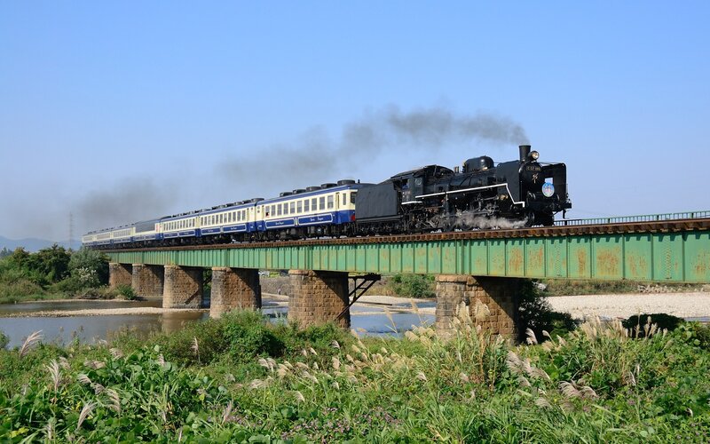Steam Train on Bridge — Green, Serene, Afternoon, Photograph, River, Smoke
