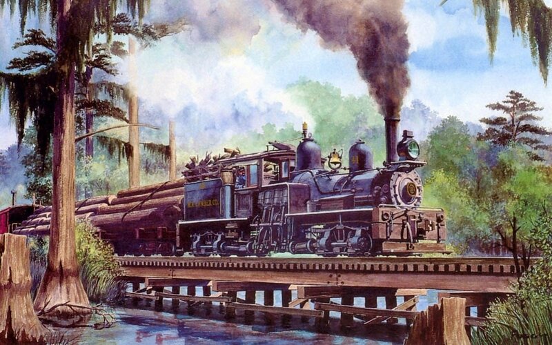 Steam Train on Bridge — Green, Serene, Afternoon