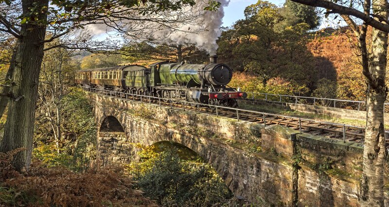 Steam Train on Bridge — Green, Serene, Autumn