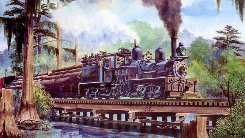 Steam Train on Bridge — Green, Serene