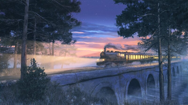 Steam Train on Bridge — Purple, Serene