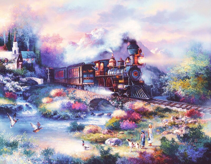 Steam Train on Bridge — Purple