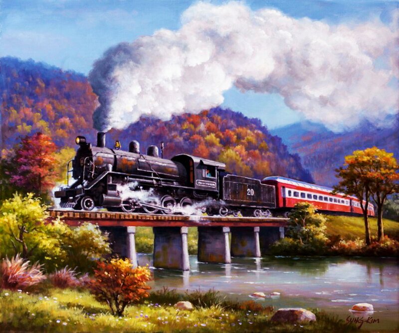Steam Train on Bridge — Red, Serene