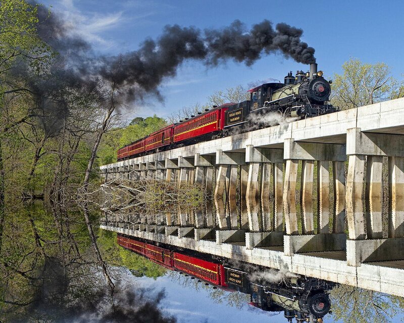 Steam Train on Bridge — Red
