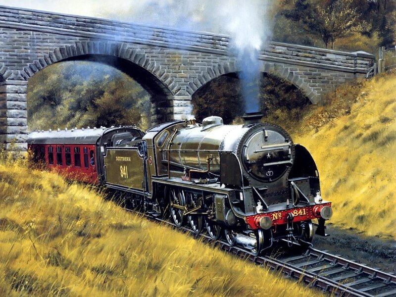 Steam Train on Bridge — Yellow, Dramatic, Autumn