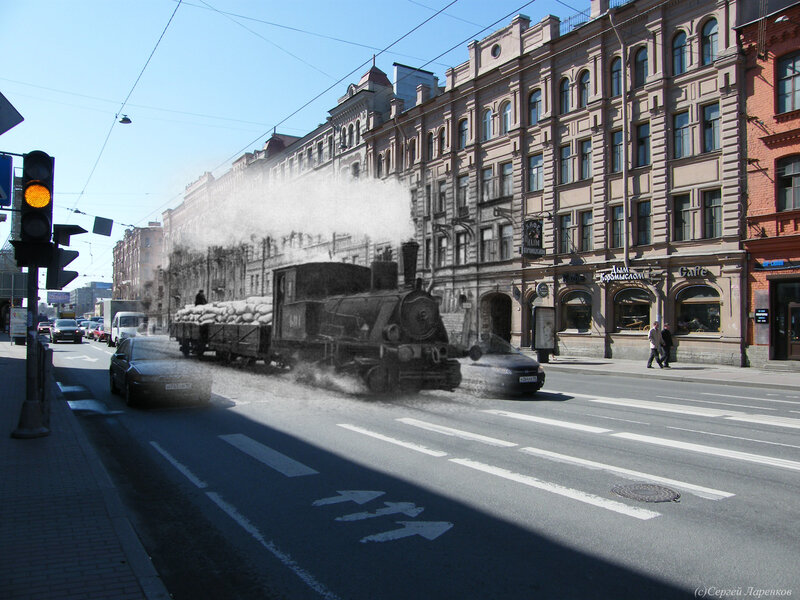 Steam Train on City Street
