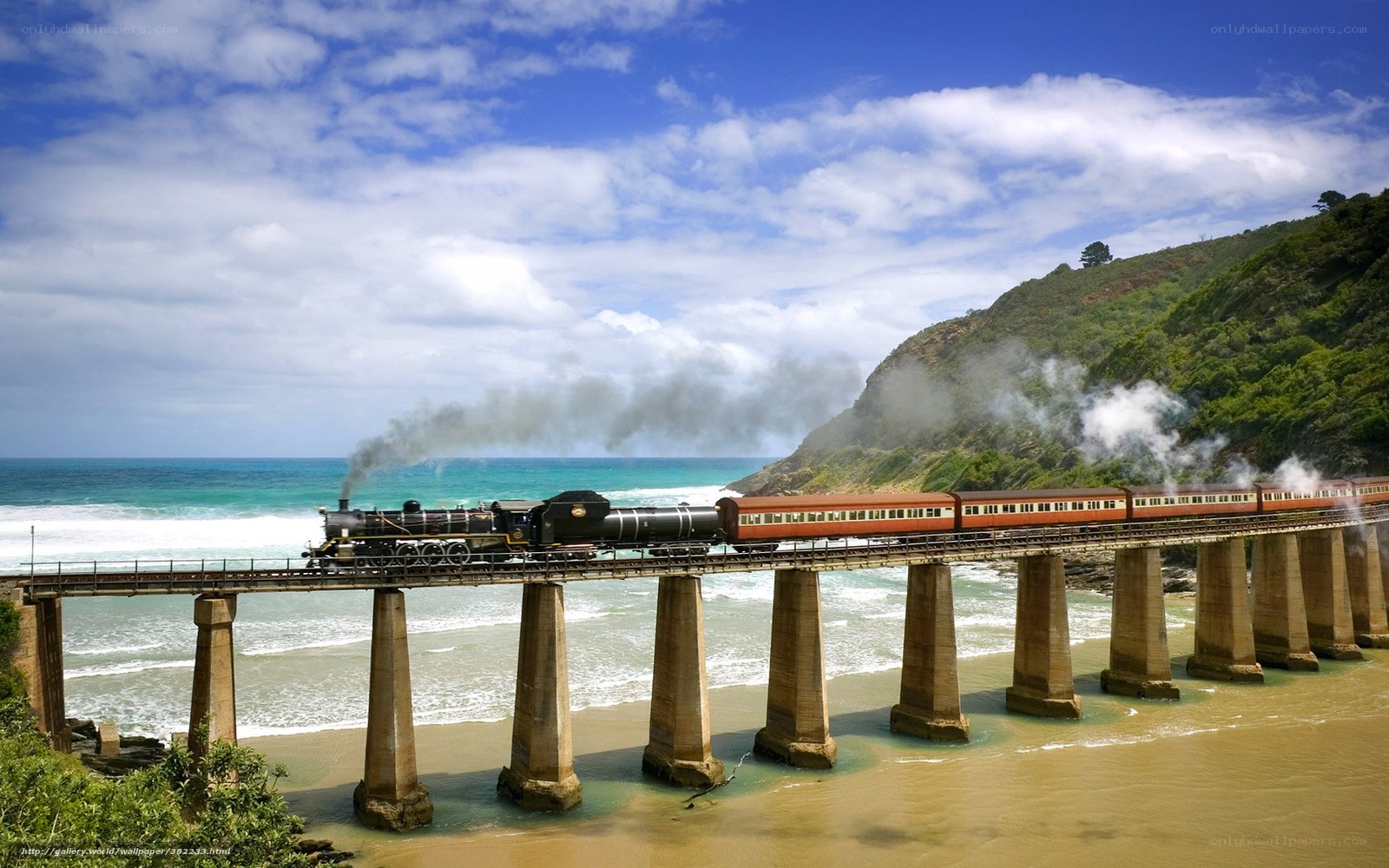 Steam train on coastal bridge
