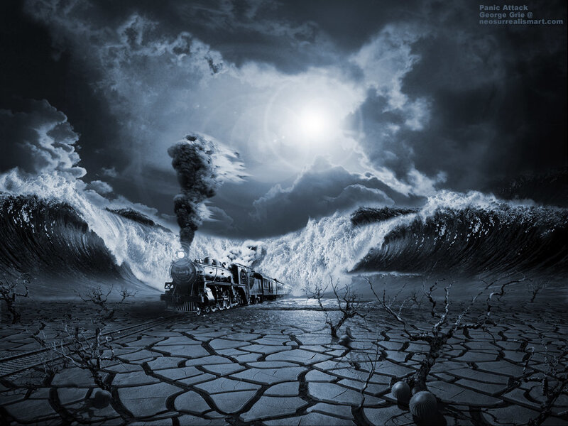 Steam Train on Cracked Ground — Blue, Dramatic, Night
