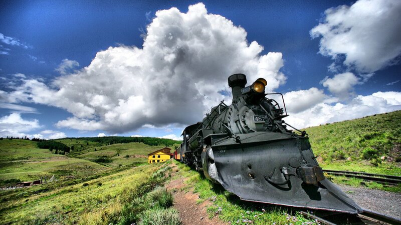 Steam Train on Hillside — Blue, Dramatic