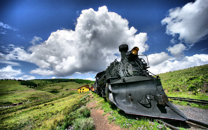 Steam Train on Hillside — Blue