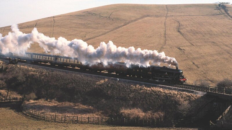 Steam Train on Hillside — Brown, Dramatic