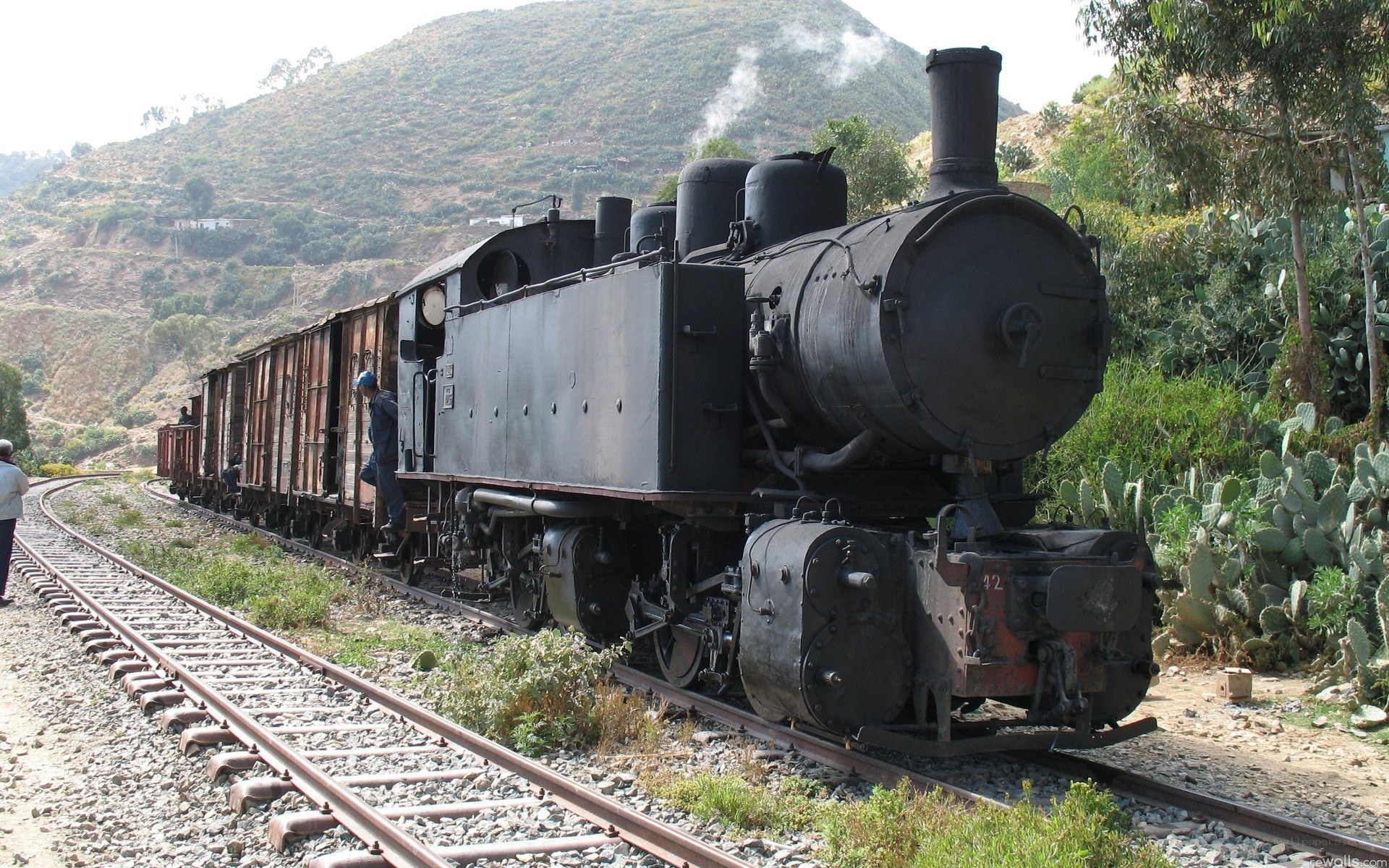 Steam train on mountain track