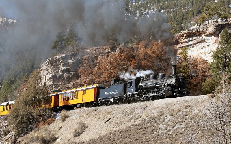 Steam Train on Mountain Track — Black, Dramatic
