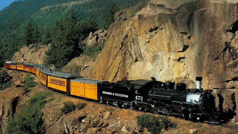 Steam Train on Mountain Track — Black