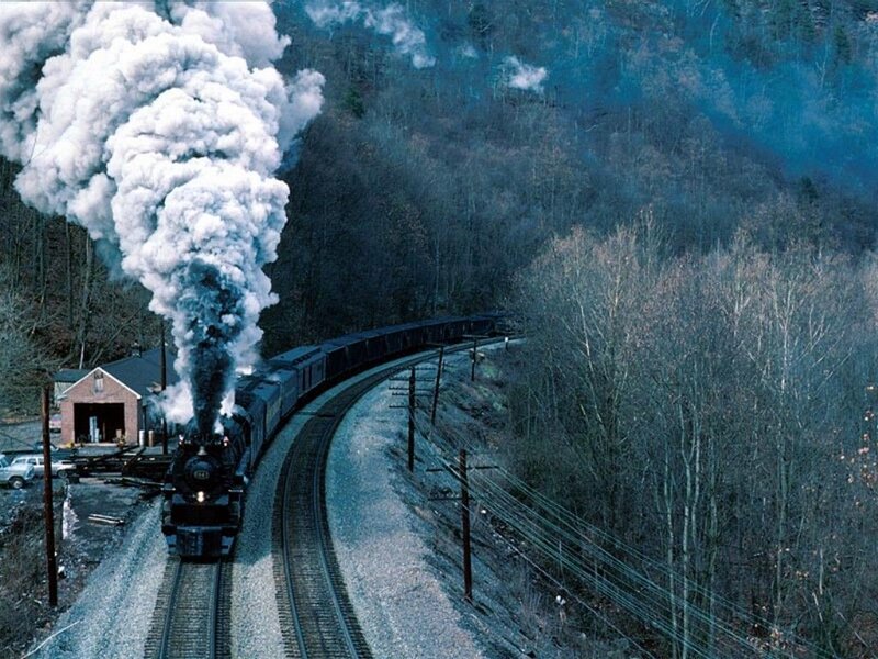 Steam Train on Mountain Track — Gray