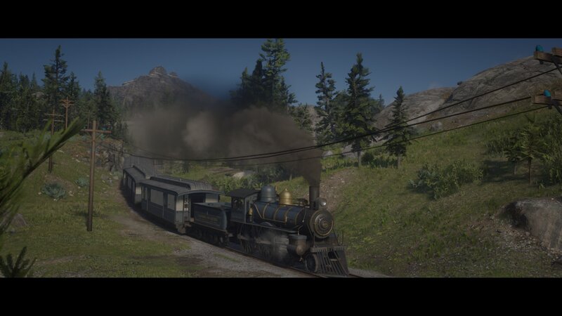 Steam Train on Mountain Track — Green, Serene, Afternoon