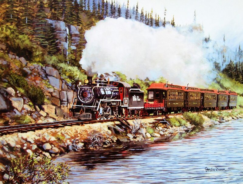 Steam Train on Mountain Track — Green, Serene