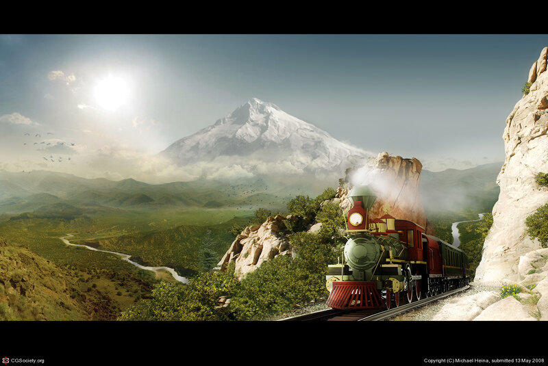 Steam Train on Mountain Track — Green