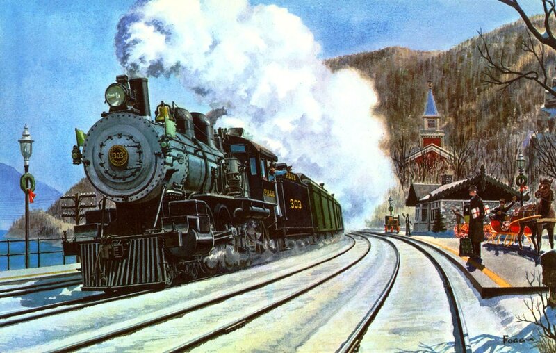 Steam Train on Snowy Tracks — Blue