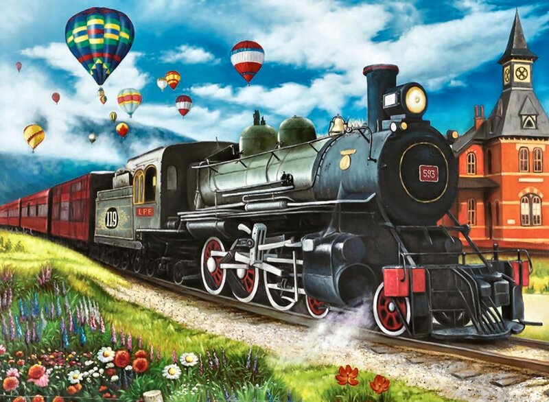 Steam Train on Track — Blue, Cheerful