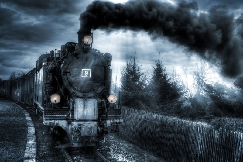 Steam Train on Track — Blue