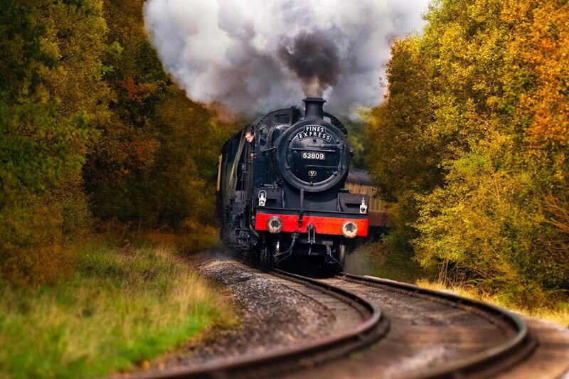 Steam Train on Track — Green, Dramatic, Autumn