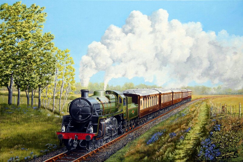 Steam Train on Track — Green, Serene, Afternoon