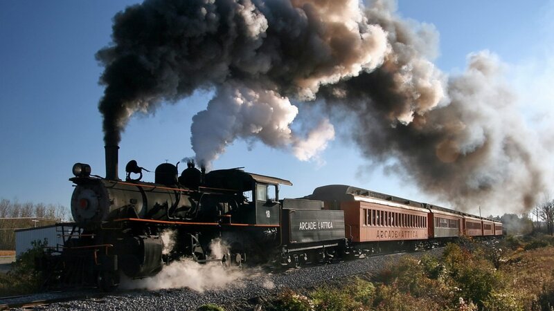 Steam Train on Tracks — Black, Dramatic, Afternoon, Photograph, Smoke