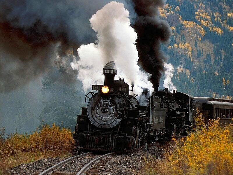 Steam Train on Tracks — Black, Dramatic, Autumn, Photograph, Smoke, Mountain