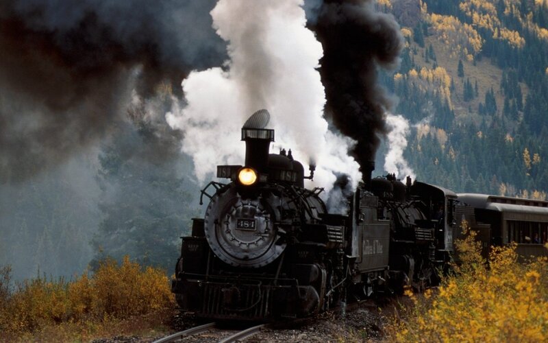 Steam Train on Tracks — Black, Dramatic, Autumn, Photograph, Smoke, Mountain, Trees